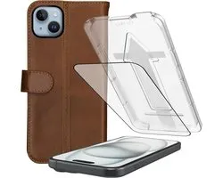 Rosso Deluxe Hoesje + Tempered Glass Geschikt voor Apple iPhone 15 – Echt Leer Book Case met Pasjeshouder Bruin + Screen Protector met Installatietray - Case Friendly 9H Gehard Glas