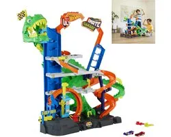Hot Wheels City Ultieme T-Rex Garage - met 2 speelgoedauto's en opbergruimte voor meer dan 50 auto's