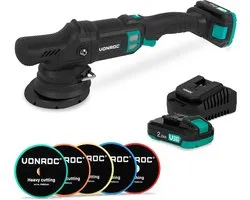 VONROC PRO Excentrische Polijstmachine 20V - Ø 125mm - Brushless motor – 7 snelheden (2000-5000/min) - Soft Start– Complete set incl. 2x 2.0Ah Accu’s, Snellader en 5 Polijstschijven