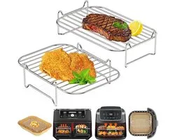 Accessoires de friteuse à air chaud, grille de gril empilable pour friteuse à air Dual Zone 7,6L- 10L, ensemble de 2 pièces d'inserts de gril en acier inoxydable, compatible avec Ninja, Cosori, Russell Hobbs