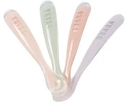 BEABA Lot de 4 cuilleres 1er âge silicone (windy blue+eucalyptus green+light mist+old pink)