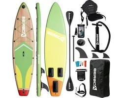 BEROCA SUP Board - met Zitje - Sup Board Opblaasbaar - Complete Set - 320x81cm - Max. 160 kg - Houtnerf Geel