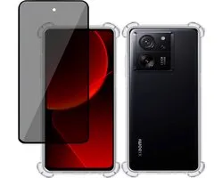 Hoesje + Privé Screenprotector geschikt voor Xiaomi 13T Pro – Privacy Tempered Glass - Case Transparant