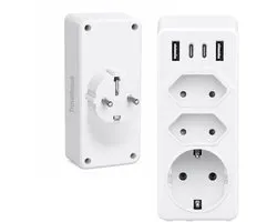 Travelhawk Verdeelstekker - 2x USB-C & 2x USB-A - 4000W Stopcontact Splitter - Verticaal - 7 uitgangen - Geaarde Stekker - Snellader - Wit