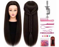 Kappershoofd Oefenhoofd 50% Echt Haar met Statief Kaphoofd Kapperspop Kappers Pop - Incl. Styling Accessoires - Zwart - 60 cm