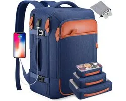 MODFU Uitbreidbare Reis Rugzak / Backpack – 40L – 46x31x18 cm – Met USB Poort, 17 Inch Laptopvak & 4 Packing Cubes – Handbagage – Blauw