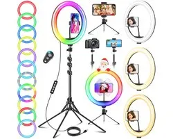 11.5" ringlamp met statief en telefoonhouder, GerTong LED Professionele Selfie Cirkel Ringlight met Afstandsbediening voor Make-up YouTube, Vloer/Bureau USB Halo Lamp met 40 RGB-modi 13