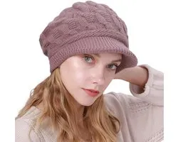 Muts - Warme muts - Wintermuts dames - Gebreide muts - Winter warme - Mutsen voor dames - Thermische gebreide wintermuts - Fleecegevoerde damesbaret - Warme gebreide wollen muts - Geschikt voor schaatsen-Snowboarden-Skiën-Reizen(Paars)