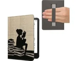 Étui pour liseuse kwmobile adapté à Amazon Kindle Paperwhite (12. Gen 2024)/Kindle Colorsoft case - Étui à rabat pour liseuse électronique avec fermeture magnétique - Housse pour liseuse électronique - Motif fille avec livres en noir / beige