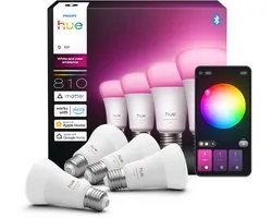 Philips Hue Slimme LED A60 lamp, Wit en Gekleurd Licht, E27 Fitting, 4-pack