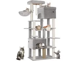 Tour à chat multi-niveaux - 200 cm - Grand arbre à chat – Avec 10 poteaux à griffer et 2 hamacs – Tour à chat avec 2 cachettes, panier et plateforme – Brosse à chat incluse – Convient aux grands chats et chatons