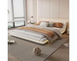 Upholstered Bed, 160 x 200 cm, Padded PU Frame, Double Bed with LE/D Ambient Rendering, Teenage Bed, Flat Bed, Floor Bed with Backrest and Slatted Frame, Without Mattress (White, 160 x 200 cm