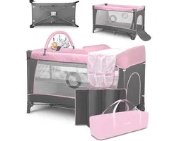 Lionelo Flower Campingbedje - 2in1 - Meegroeibed - Co-sleeper - LockGuard - draagtas - Reisbedje/Box - Praktische Zij-Ingang met Ritssluiting - Hoogwaardige Schuimmatras - Snel Opvouwsysteem - Multifunctionele Box en Reiswieg