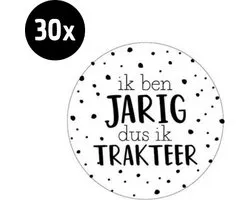 30x Sluitsticker Ik ben jarig dus ik trakteer | Wit | Zwarte stippen | 40 mm | Sluitzegel Feest | Sluitsticker | Chique inpakken | Traktatie - Verjaardag - Feest - Kinderfeest - Kinderverjaardag