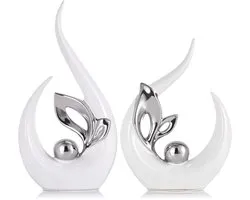 Set de 2 statues en céramique blanche et argentée XMGZQ, sculpture abstraite moderne, figurines en porcelaine de 24 cm, décoration intérieure, décoration de table pour salon, chambre, salle à manger, bureau, présentoir artistique
