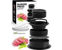 WoniQ Hamburgerpers 3 in 1 inclusief 100 vellen Wax Papier - Burger Press - BBQ Accesoires - Hamburgermaker - Kookgerei