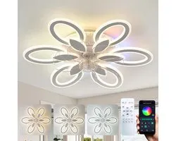 Ceiling Fan with Light Living Room RGB Dimmable Silent Ceiling Fan with Lights Modern Crystal Reversible 6 Speeds Bedroom White Lamp Fan Ceiling and Remote Control Timer