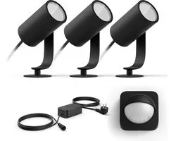 Philips Hue Lily Basisset van 3 Tuinspots (Antraciet) - Wit en Gekleurd Licht - Incl. 1 Voedingskabel, 1 Bewegingssensor voor Buiten - Tuinverlichting - Hue White and Color Ambiance