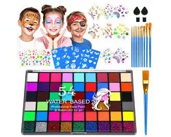 Kit de Maquillage pour Enfants 54 Couleurs à Base d'Eau - Peinture Visage & Corps - Avec Pinceaux, Pochoirs et Autocollants Décoratifs - Halloween Carnaval Cosplay