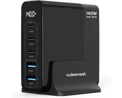 CubeNest PD 3.1 Adapter 140W S5D0 4xUSB-C+2xUSB-A GaN Adapter Snellader - Oplader Geschikt voor iPhone 12-16 , Samsung S20-S24, Macbook Air/Pro - Zwart Overstroom, Overspanning, Overtemperatuur, Kortsluiting en Thermische Beveiliging