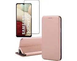 Hoesje geschikt voor Samsung Galaxy A12 - Screen Protector GlassGuard - Book Case Kunstleer ThinShield Roségoud & Screenprotector