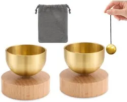 Mini messing klankschaalset - 2 stuks - Klank Schaal - Mini klankschaalset - met messing bel - handgemaakte kleine Tibetaanse klankschaal - 3-in-1 meditatietool - Geschikt voor geluidstherapie - aromatherapie en mindfulness - Mooie cadeaus