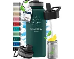 bemaxx Drinkfles met Rietje RVS Thermosfles ACTIVE FLASK (3 Drinkdoppen met Infuser), Volwassenen Kinderen, BPA-Vrij + Lekvrij | 1 Liter/500 ml Isoleerfles, Vacuüm Waterfles Sport Fitness Fietsen Water Fles Waterbidon Sportbidon