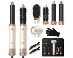Golden Goods® Airstyler - Multistyler - Sèche-cheveux brosse grès - Fer à boucler 5 en 1 - Brosse à boucler jusqu'à 110 °C - Sèche-cheveux avec 5 accessoires - Sèche-cheveux Styler 1000 W - Gant résistant à la chaleur inclus