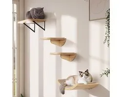 Cat Rack with Scratching Mat, Cat Wall Furniture Set with 2 Steps, 1 Square Platform and 1 Curved Platforms, Wooden Climbing Frame Set for Sleeping and Playing