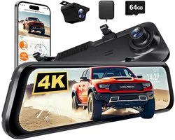 Wolfbox G850 Pro 4K GPS 64 Go Mirror dashcam - Mode parking - Écran tactile LCD 0 pouces - Résolution Ultra 4K + FullHD - Wifi avec application - Récepteur GPS - Carte Micro SD 64 Go - Caméra de tableau de bord miroir et rétroviseur numérique en un