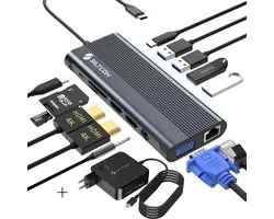 Siltcon® 13 in 1 USB C Hub - Docking Station Laptop - 2x HDMI 4K – 1x VGA – RJ45 Gigabit - 4x USB-A - 2x USB-C - TF - Incl. 100W USB-C Oplader 15 tot 100W - 45W, 65W, 87W & 100W – Geschikt voor o.a. Windows Laptops, Tablets, Telefoons - Spacegrey