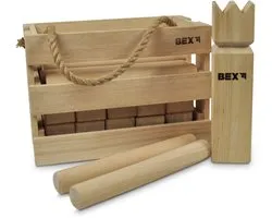 Bex Kubb Original – Zweeds Vikingschaak – Premium Buitenspel – Massief Rubberhout – Koning Met Houtkleurige Kroon – Vanaf 8 Jaar – Inclusief Luxe Houten Draagkist