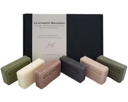 Savon de Marseille zeep geschenkset Musc, Fleur de coton, chevrefeuille, Pavot, Huile d'argan, Huile d'olive 6x125 gr. - vaderdag - papa - cadeau mannen - giftset mannen - vaderdag geschenk