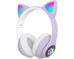 Kinder hoofdtelefoon - cat headphones| Draadloze koptelefoon Bluetooth met led kattenoortjes paars | Koptelefoon voor Kinderen - Met Led Kat Oortjes | met verlichting poot