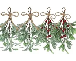 4pcs Christmas Mistletoe Branch Decoration Artificial Mistletoe 23cm Glitter Mistletoe Decoration with White Red Berries Christmas Tree Accessories Hanging Mistletoe Decoration for Tree Door
