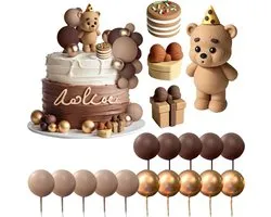 JOYOLA Teddy Bear Cake Decorations, 19 Pieces Bear Cake Topper Set, Boho Bear Cake Decoration, Brown Bear Baby Shower - ShopVlot