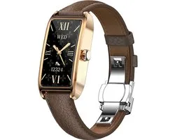 WizBay Premium Select® Montre connectée AMOLED 1,13 pouce Or avec bracelet en cuir marron foncé – Surveillance de la fréquence cardiaque, de la tension artérielle et de la SpO₂ – Tracker de fitness – Design carré élégant – Android iOS