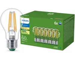 Ampoule LED Philips UltraEfficient Transparente - 60 W - Culot E27 - Lumière Warmwit ; 2 700 K - Ultra efficace : Label énergétique A - Lot de 6
