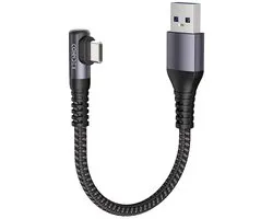 CONMDEX Haakse USB C naar USB A Kabel 30cm - 10Gbps USB 3.1 Gen 2 Korte Kabel - 90 Graden Snellaadkabel 3.1A QC 3.0 Nylon Gevlochten - voor Android Auto, CarPlay, iPhone 18 17 Pro Max, Samsung Galaxy S26 S25, Draagbare SSD - Ruimtegrijs