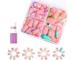 Faux ongles pour enfants - 96 pièces, designs mignons fleurs, cerises, points et lignes - Ongles artificiels cadeau filles - Press on nails