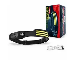 Lampe frontale LED rechargeable - 450 lumens - 3 bandes lumineuses blanches - Capteur de mouvement - Faisceau large 180° + Spot - Bandeau réglable - USB-C - Résistante aux éclaboussures - 102 g - Noir