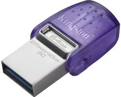 Kingston DataTraveler microDuo 3C USB-stick Retail 64 GB RVS, Violet DTDUO3CG3/64GB USB-A 3.2 Gen 1, USB-C