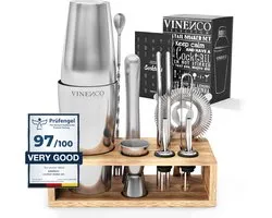 Set shaker à cocktails VINENCO Boston en bois + Boek de recettes : Kit de barman Premium en acier inoxydable 13 pièces | Prof Cocktail Shaker Bar Accessoires de vêtements pour bébé Martini Gin Mojito Longdrinks fête anniversaire cadeau homme femme