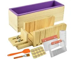 Cutting Mold Set for Box Soap Making Multifunctional Adjustable Wooden Rectangle Silicone Mold Set with Wavy and Straight Cutter Stainless Steel