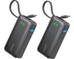 2-PACK Anker-Nano powerbank-10.000 mAh powerbank met ingebouwde USB-C-kabel -PD 30 W maximaal vermogen met 1 x USB-C, 1 x USB-A, compatibel met iPhone 15/14-serie, MacBook, Galaxy, iPad, AirPods en nog veel