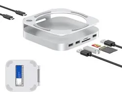 Aluminium Dock en Hub voor Mac mini M4 en M4 Pro 2024 met M.2 NVMe SSD-behuizing en 2x USB-A 10 Gbps