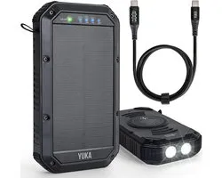 YUKA Solar Powerbank 30000 mAh - 65W Snellader - 100W USB-C LED Display Kabel - Draadloos (15W) - Waterbestendig & Robuust - Extra Beveiligde Technologie - Noodpakket