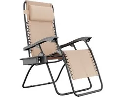 Chaise de jardin pliable LifeGoods - Réglable 30°-90° - Table d'appoint et oreiller - Métal - Beige