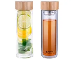 alpina Glazen Drinkfles met Filter - Waterfles Dubbelwandig 450 ml - Drinkfles Bamboe Dop en Hoes - Theefles met Theefilter