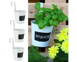 Plantenpot 3/6-delige set wit diameter 15 cm hoogte 5 cm kruidenpot om op te hangen en te beschrijven bloempot metalen pot hangpot (1 x 3-delige set plantenpotten met tafel)